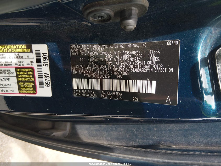 2011 Toyota Sienna VIN 5TDKK3DC8BS069284 IAAI salvage auction — FRONT END, Salvage (Louisiana), sold $450 on 2026-07-21 (photo 9)