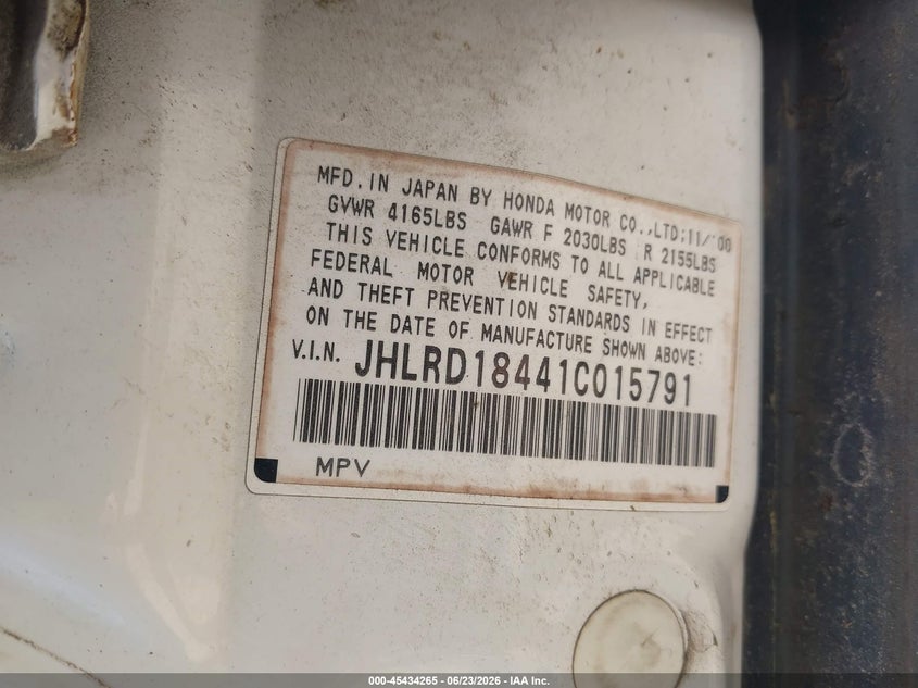2001 Honda Cr-v VIN JHLRD18441C015791 IAAI salvage auction — NORMAL WEAR, Clear (Georgia), sold $500 on 2026-07-09 (photo 9)