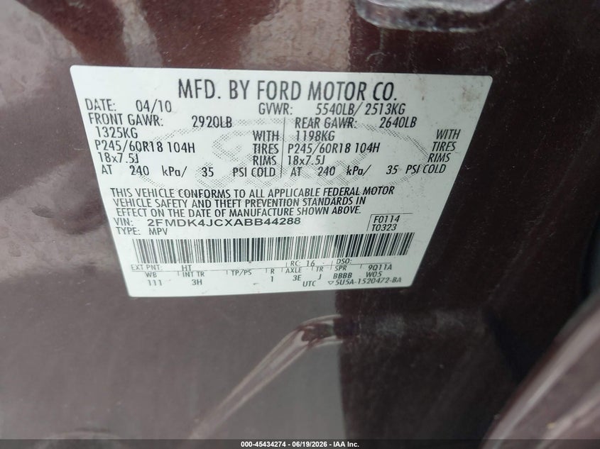 2010 Ford Edge VIN 2FMDK4JCXABB44288 IAAI salvage auction — SIDE, Mv-907A (New York), sold $400 on 2026-07-25 (photo 9)