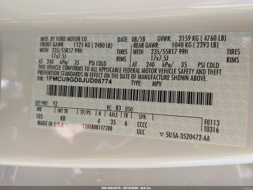 2018 Ford Escape VIN 1FMCU9GD0JUD08774 IAAI salvage auction — NORMAL WEAR, Sf97 (Washington), sold $25 on 2026-07-29 (photo 9)