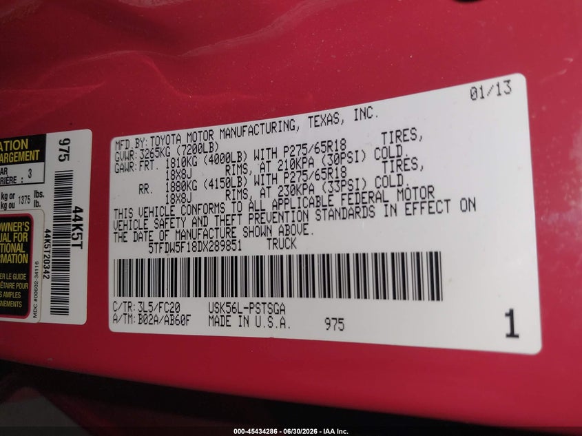 2013 Toyota Tundra VIN 5TFDW5F18DX289851 IAAI salvage auction — REAR END, Salvage Title, sold $7,575 on 2026-07-30 (photo 9)