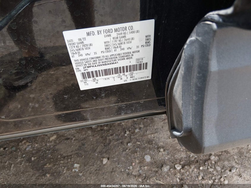2022 Ford Edge VIN 2FMPK4J9XNBA89641 IAAI salvage auction — HAIL, Salvage (Kansas), sold $11,100 on 2026-08-21 (photo 9)