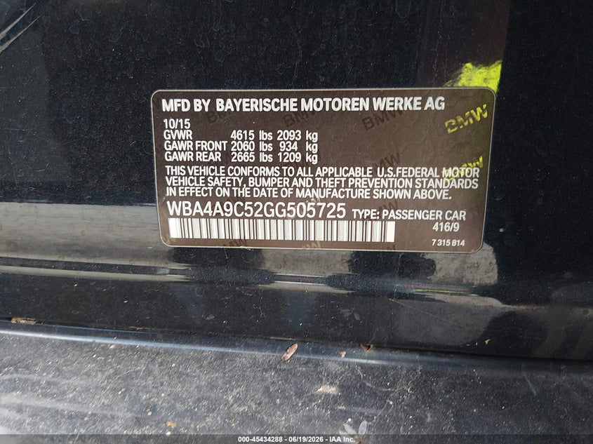 2016 BMW 4er VIN WBA4A9C52GG505725 IAAI salvage auction — NORMAL WEAR, Clear (Louisiana), sold $1,800 on 2026-07-21 (photo 9)