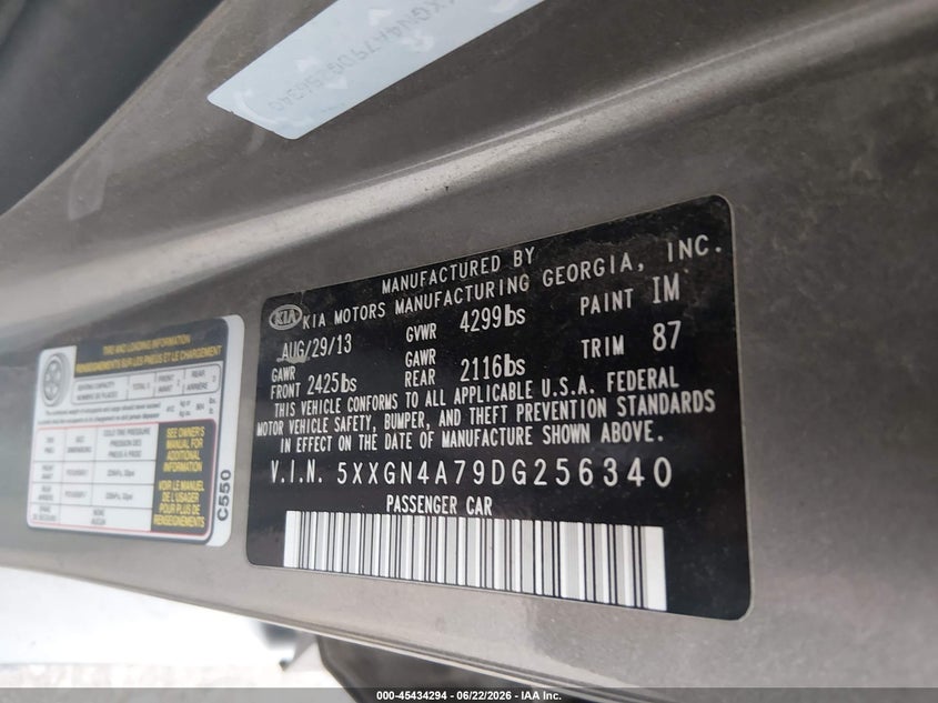 2013 Kia Optima VIN 5XXGN4A79DG256340 IAAI salvage auction — NORMAL WEAR, Clear (Colorado), sold $425 on 2026-07-21 (photo 9)