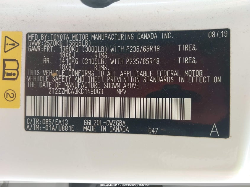 2019 Lexus Rx VIN 2T2ZZMCA3KC149063 IAAI salvage auction — FRONT END, Salvage Title, sold $9,600 on 2026-07-18 (photo 9)