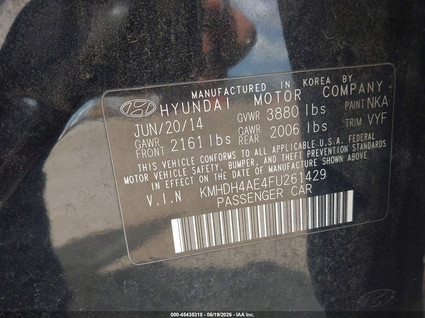 2015 Hyundai Elantra VIN KMHDH4AE4FU261429 IAAI salvage auction — FRONT END, Rebuildable (Florida), sold $475 on 2026-07-28 (photo 9)