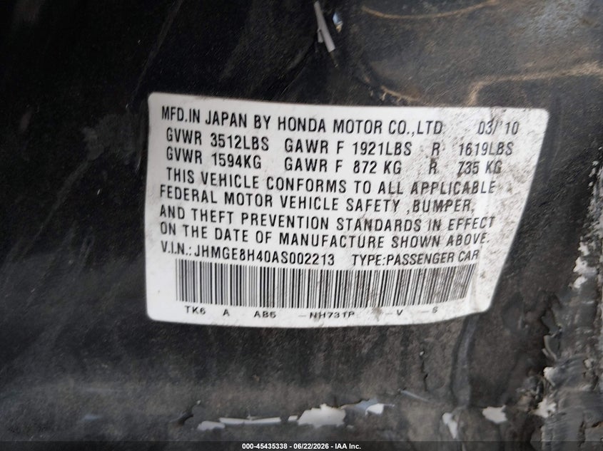 2010 Honda Fit VIN JHMGE8H40AS002213 IAAI salvage auction — FRONT & REAR, Bill Of Sale (Washington), sold $275 on 2026-07-15 (photo 9)