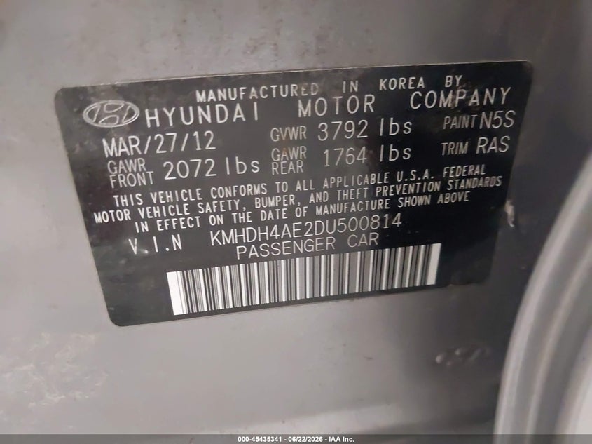 2013 Hyundai Elantra VIN KMHDH4AE2DU500814 IAAI salvage auction — THEFT, Salvage Title, sold $25 on 2026-07-21 (photo 9)