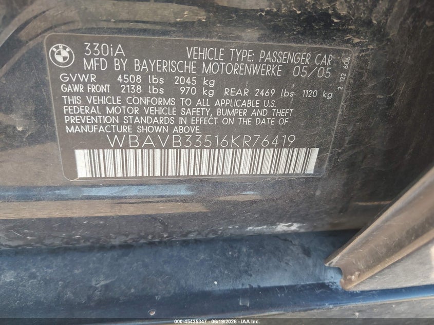 2006 BMW 3 series VIN WBAVB33516KR76419 IAAI salvage auction — NORMAL WEAR, Clear (Arizona), sold $225 on 2026-07-23 (photo 9)