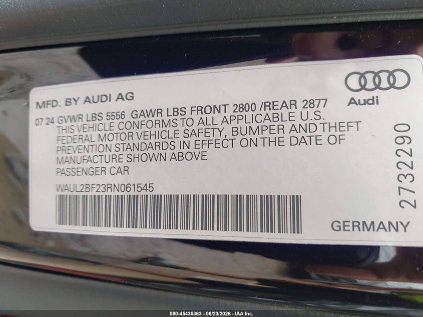 2024 Audi A6 VIN WAUL2BF23RN061545 IAAI salvage auction — SIDE, Salvage Title, sold $18,000 on 2026-07-29 (photo 9)