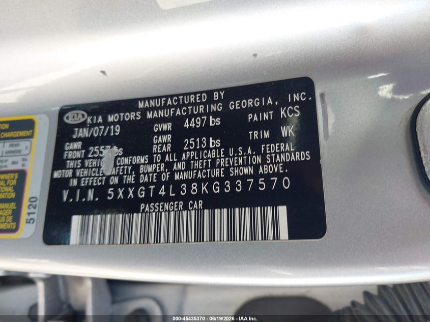 2019 Kia Optima VIN 5XXGT4L38KG337570 IAAI salvage auction — THEFT, Salvage (Illinois), sold $2,300 on 2026-07-22 (photo 9)