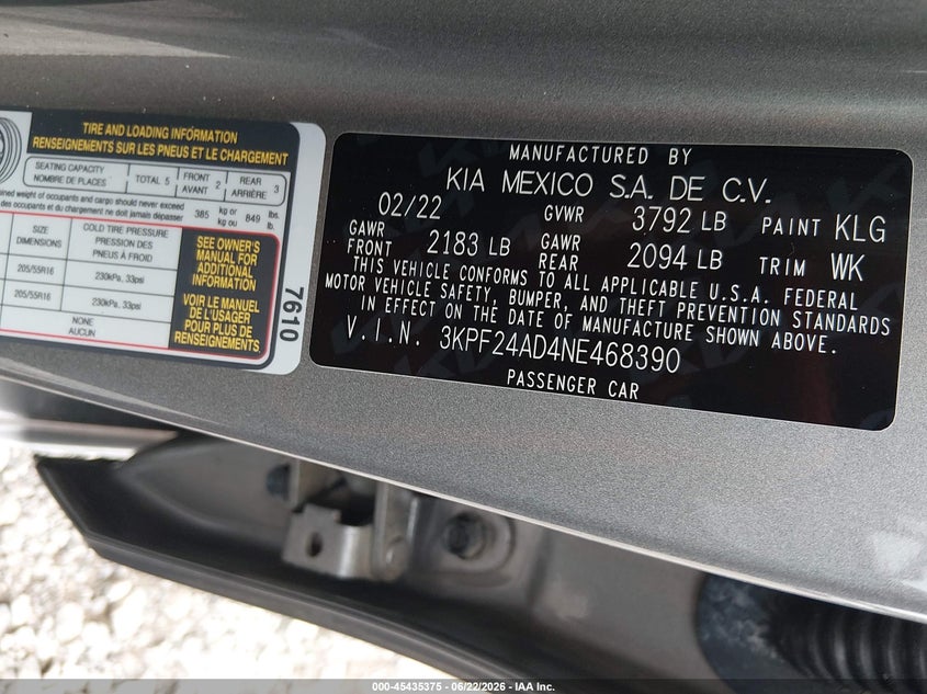 2022 Kia Forte VIN 3KPF24AD4NE468390 IAAI salvage auction — REAR END, Salvage Title, sold $4,150 on 2026-07-31 (photo 9)