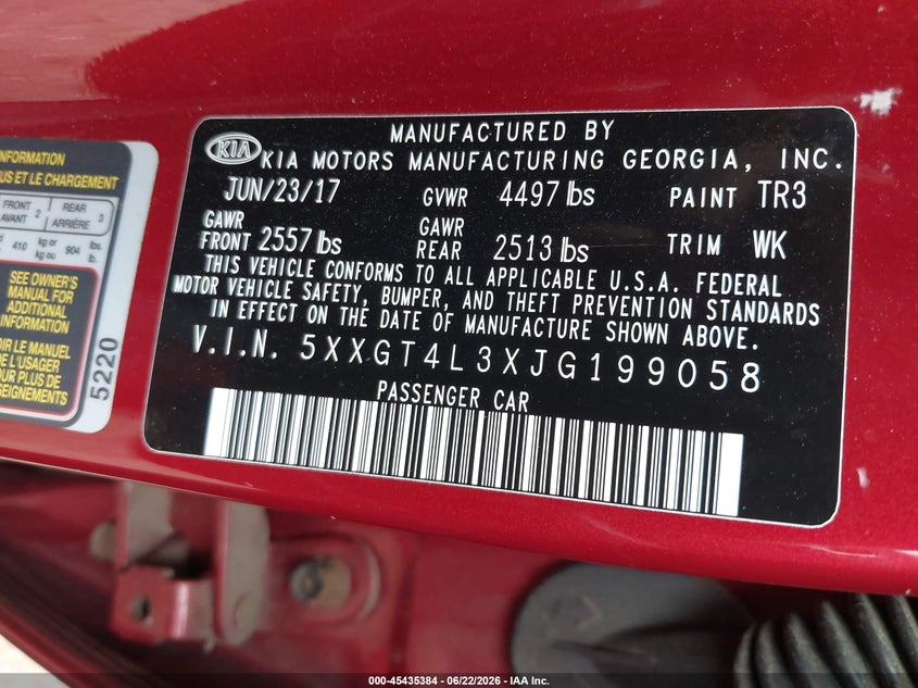 2018 Kia Optima VIN 5XXGT4L3XJG199058 IAAI salvage auction — REAR END, Salvage (Idaho), sold $2,100 on 2026-07-15 (photo 9)