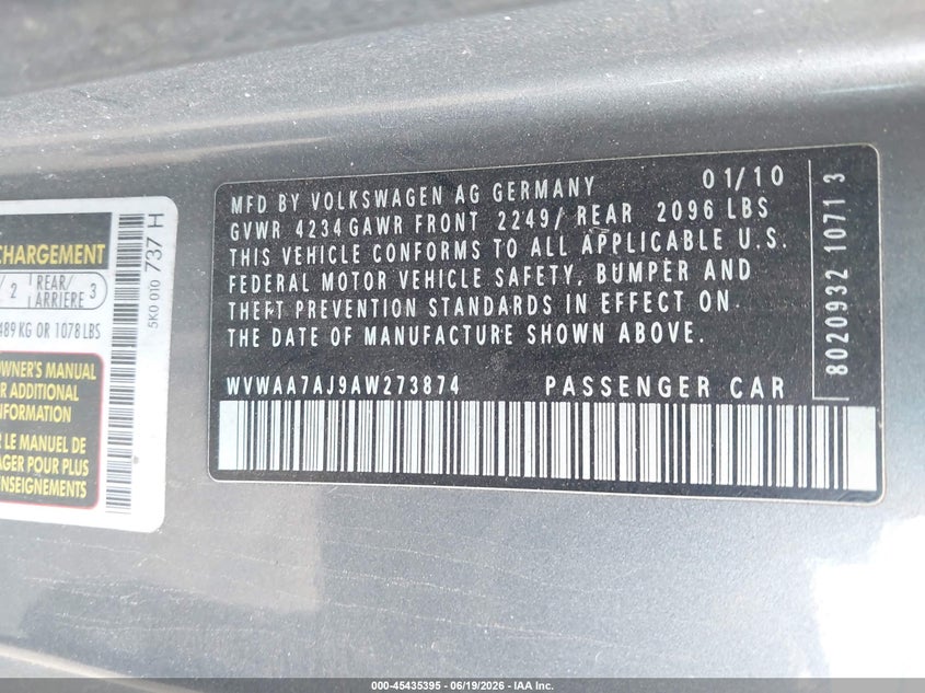 2010 Volkswagen Golf VIN WVWAA7AJ9AW273874 IAAI salvage auction — FRONT END, Salvage - Greater Than 75% (Maryland), sold $250 on 2026-07-14 (photo 9)