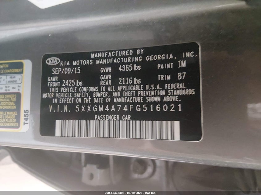 2015 Kia Optima VIN 5XXGM4A74FG516021 IAAI salvage auction — NORMAL WEAR, Clear (Virginia), sold $725 on 2026-07-21 (photo 9)