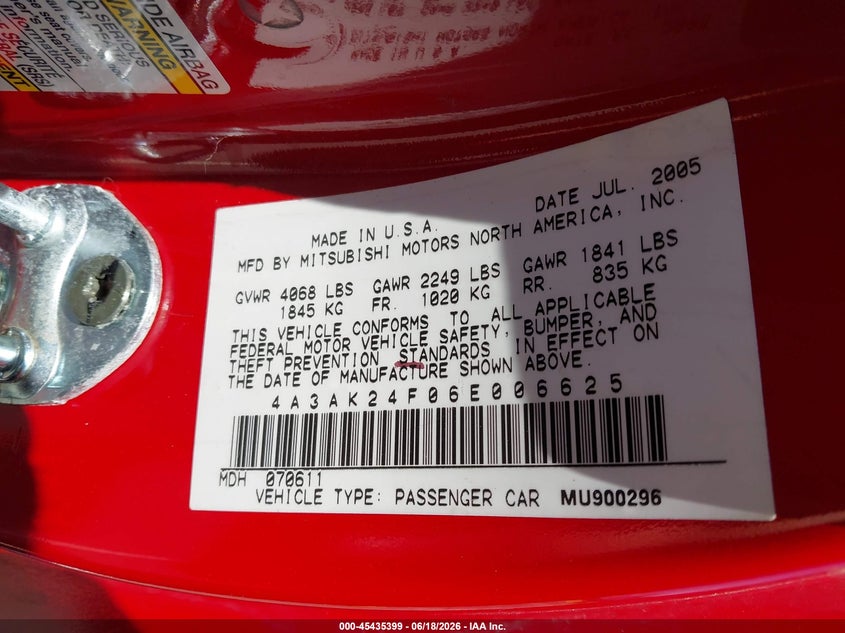 2006 Mitsubishi ECLIPSE VIN 4A3AK24F06E006625 IAAI salvage auction — UNKNOWN, Lien Papers (California), sold $325 on 2026-07-09 (photo 9)