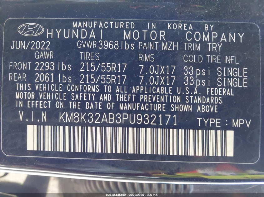 2023 Hyundai Kona VIN KM8K32AB3PU932171 IAAI salvage auction — FRONT END, Salvage (Arizona), sold $6,250 on 2026-07-14 (photo 9)