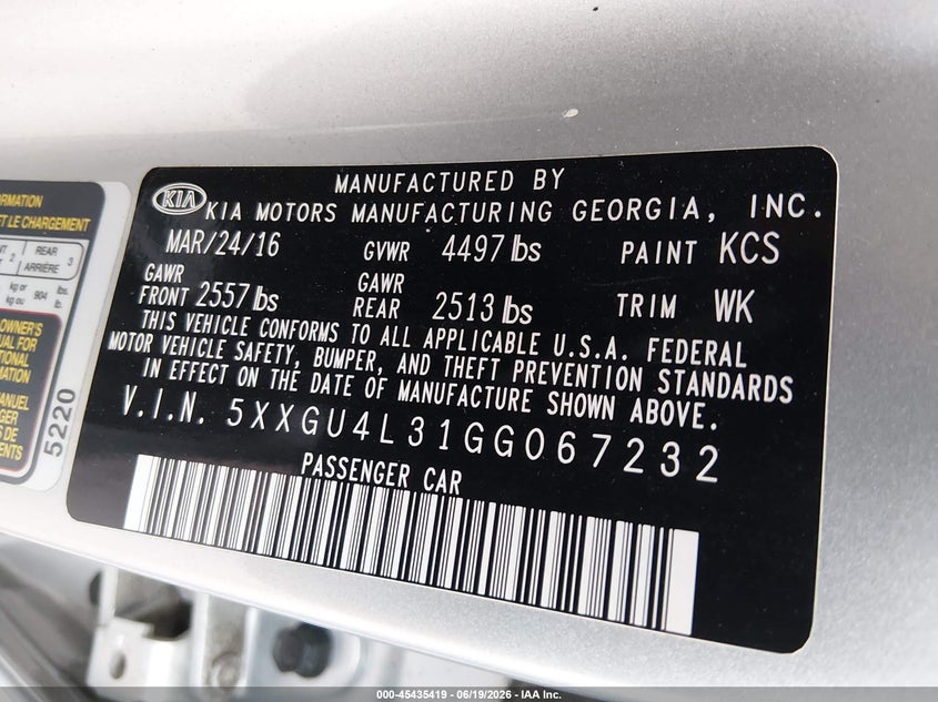 2016 Kia Optima VIN 5XXGU4L31GG067232 IAAI salvage auction — NORMAL WEAR, Original (Texas), sold $3,550 on 2026-07-06 (photo 9)