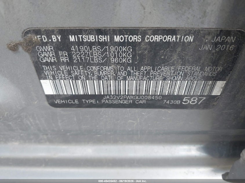 2016 Mitsubishi Lancer VIN JA32V2FWXGU008450 IAAI salvage auction — NORMAL WEAR, Clear (Michigan), sold $475 on 2026-07-30 (photo 9)