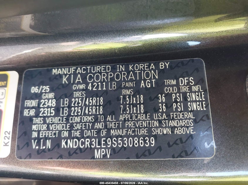 2025 Kia Niro VIN KNDCR3LE9S5308639 IAAI salvage auction — FRONT END, Salvage (North Carolina), sold $8,850 on 2026-07-20 (photo 9)