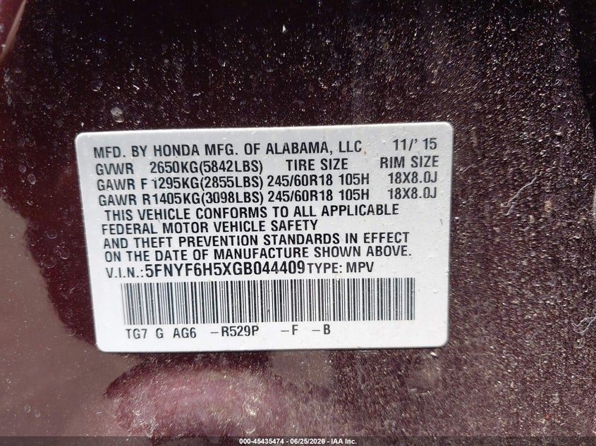 2016 Honda Pilot VIN 5FNYF6H5XGB044409 IAAI salvage auction — FRONT & REAR, Mv-907A (New York), sold $2,400 on 2026-07-09 (photo 9)