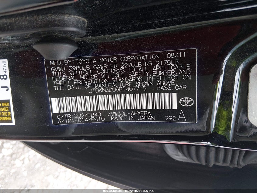 2011 Toyota Prius VIN JTDKN3DU6B1407715 IAAI salvage auction — REAR END, Salvage (Alabama), sold $1,400 on 2026-08-02 (photo 9)