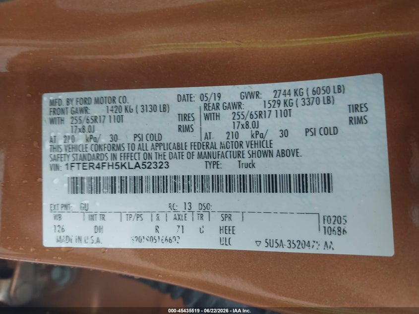 2019 Ford Ranger VIN 1FTER4FH5KLA52323 IAAI salvage auction — LEFT FRONT, Wait Title, sold $8,750 on 2026-08-25 (photo 9)