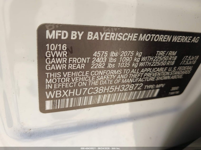 2017 BMW X1 VIN WBXHU7C38H5H32872 IAAI salvage auction — REAR END, Salvage (Virginia), sold $4,400 on 2026-07-06 (photo 9)
