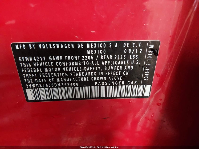 2013 Volkswagen Jetta VIN 3VWDX7AJ6DM368406 IAAI salvage auction — HAIL, Salvage (Iowa), sold $1,100 on 2026-07-11 (photo 9)
