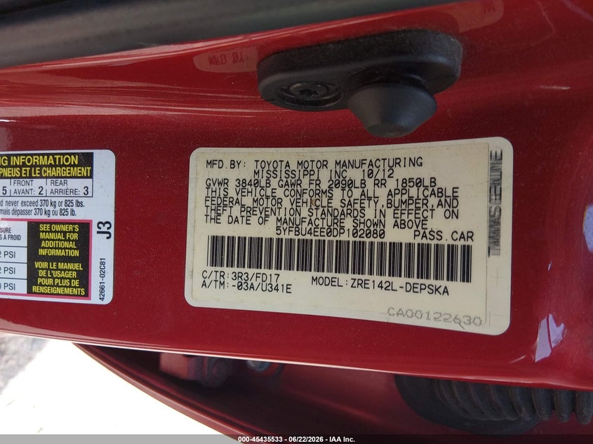2013 Toyota Corolla VIN 5YFBU4EE0DP102080 IAAI salvage auction — FRONT END, Salvage (Colorado), sold $925 on 2026-07-28 (photo 9)