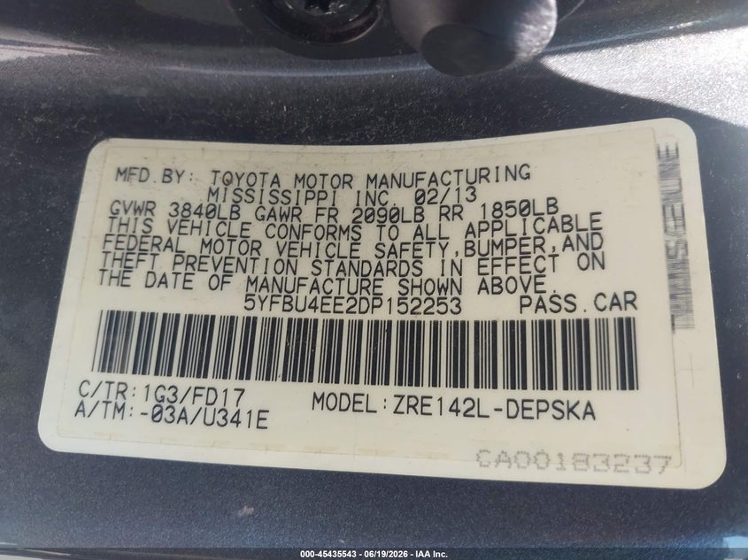 2013 Toyota Corolla VIN 5YFBU4EE2DP152253 IAAI salvage auction — FRONT END, Salvage (Ohio), sold $1,400 on 2026-07-12 (photo 9)