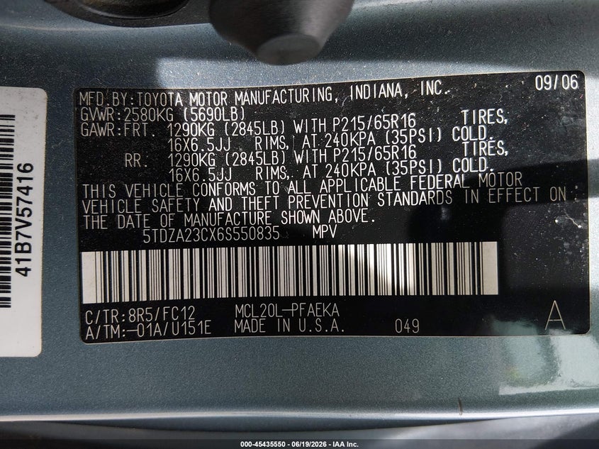 2006 Toyota Sienna VIN 5TDZA23CX6S550835 IAAI salvage auction — LEFT & RIGHT, Clear (New Jersey), sold $950 on 2026-07-27 (photo 9)
