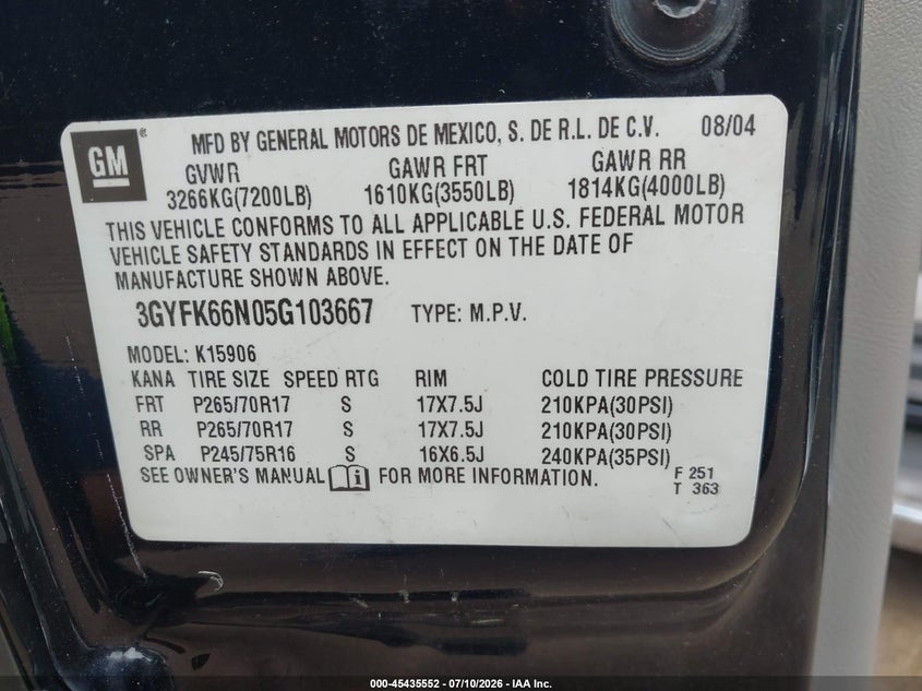 2005 Cadillac Escalade VIN 3GYFK66N05G103667 IAAI salvage auction — SIDE, Salvage (Tennessee), sold $875 on 2026-07-31 (photo 9)