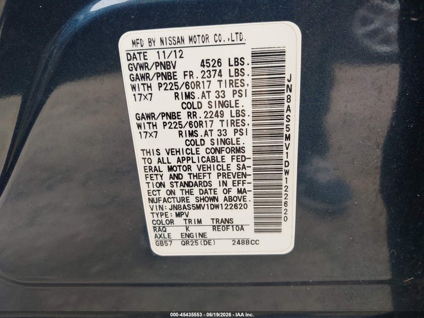 2013 Nissan Rogue VIN JN8AS5MV1DW122620 IAAI salvage auction — FRONT END, Salvage Title, sold $400 on 2026-07-29 (photo 9)