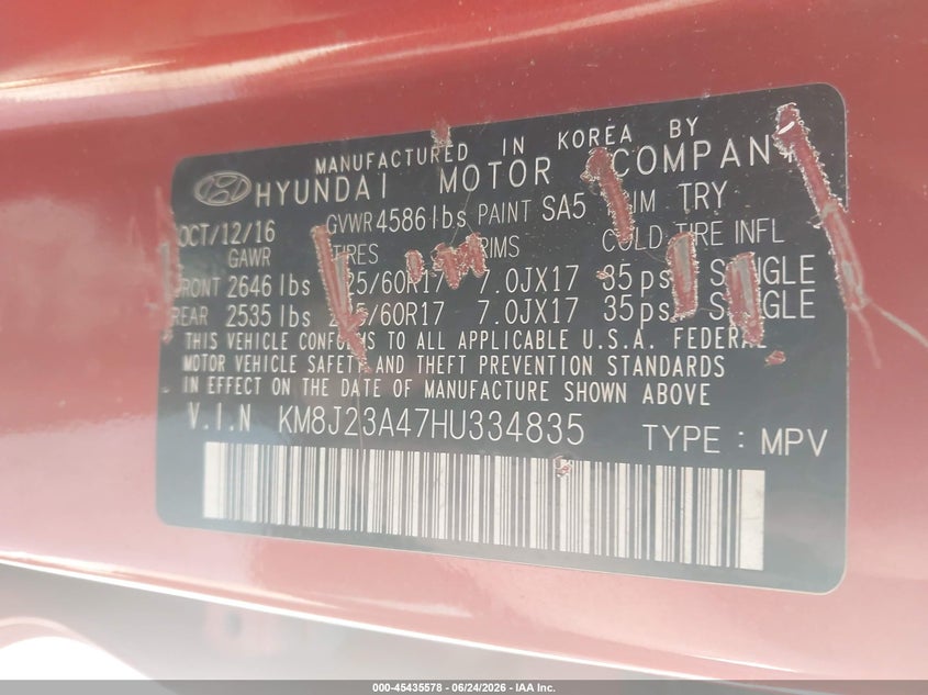 2017 Hyundai Tucson VIN KM8J23A47HU334835 IAAI salvage auction — SIDE, Salvage Title, sold $900 on 2026-07-23 (photo 9)