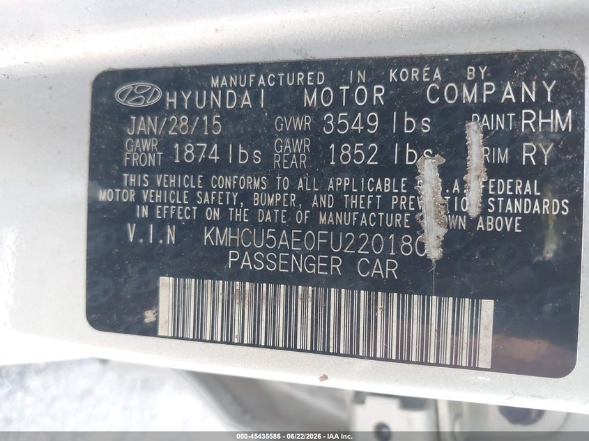 2015 Hyundai Accent VIN KMHCU5AE0FU220180 IAAI salvage auction — SIDE, Salvage - Greater Than 75% (Maryland), sold $500 on 2026-07-09 (photo 9)