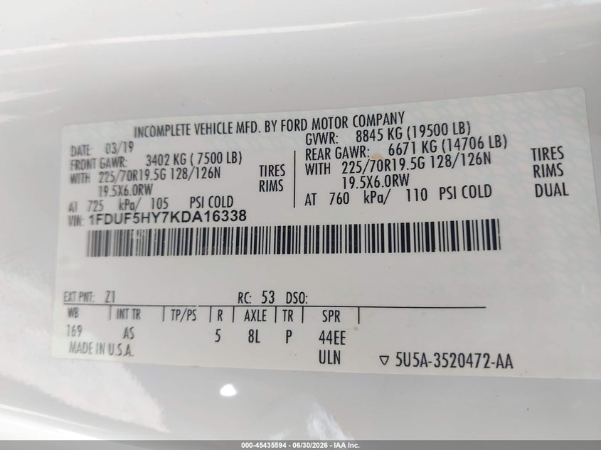 2019 Ford F-550 chassis VIN 1FDUF5HY7KDA16338 IAAI salvage auction — REAR END, Enterprise Vehicles Clear Only (Texas), sold $8,800 on 2026-07-13 (photo 8)