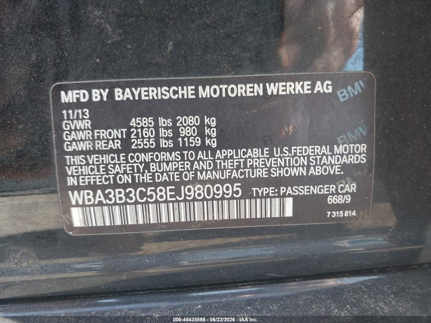 2014 BMW 3er VIN WBA3B3C58EJ980995 IAAI salvage auction — FRONT END, Clear (Massachusetts), sold $250 on 2026-07-07 (photo 9)