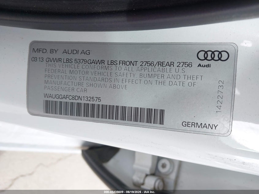 2013 Audi A6 VIN WAUGGAFC8DN132575 IAAI salvage auction — NORMAL WEAR, Salvage (California), sold $475 on 2026-07-29 (photo 9)