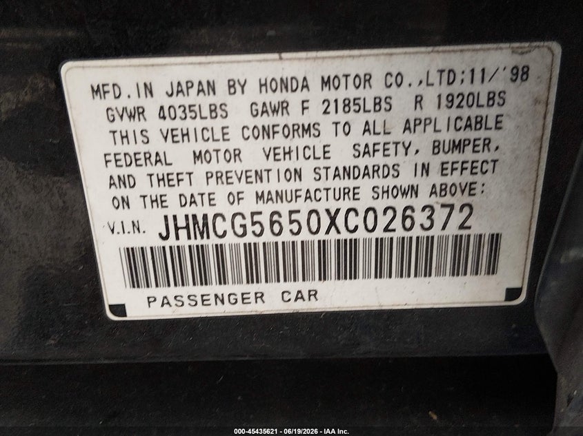 1999 Honda Accord VIN JHMCG5650XC026372 IAAI salvage auction — LEFT FRONT, Bill Of Sale (Washington), sold $300 on 2026-07-15 (photo 9)