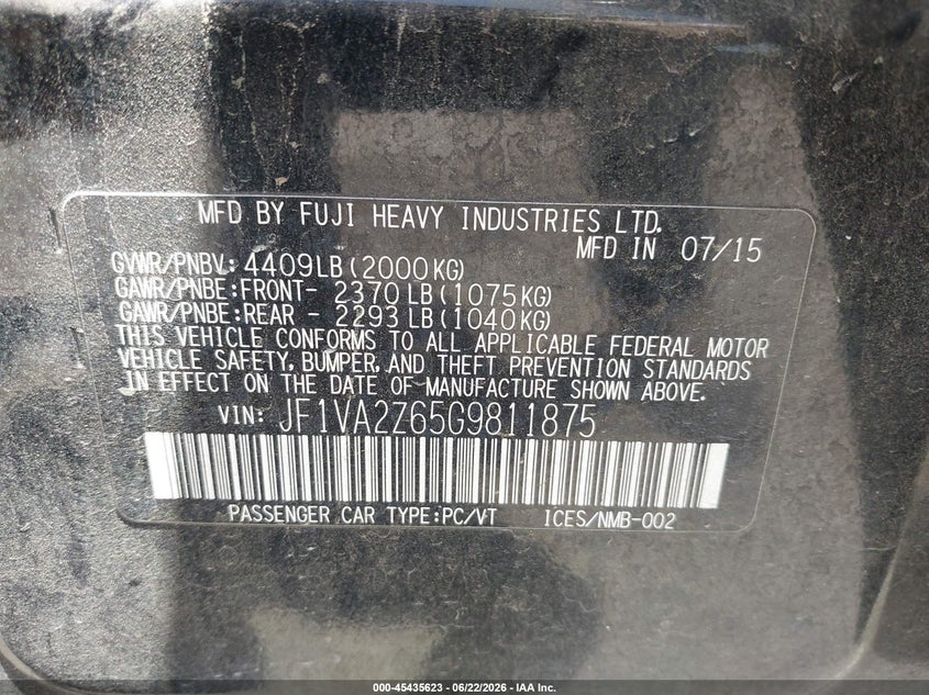2016 Subaru Wrx sti VIN JF1VA2Z65G9811875 IAAI salvage auction — LEFT SIDE, Salvage (California), sold $8,200 on 2026-07-21 (photo 9)