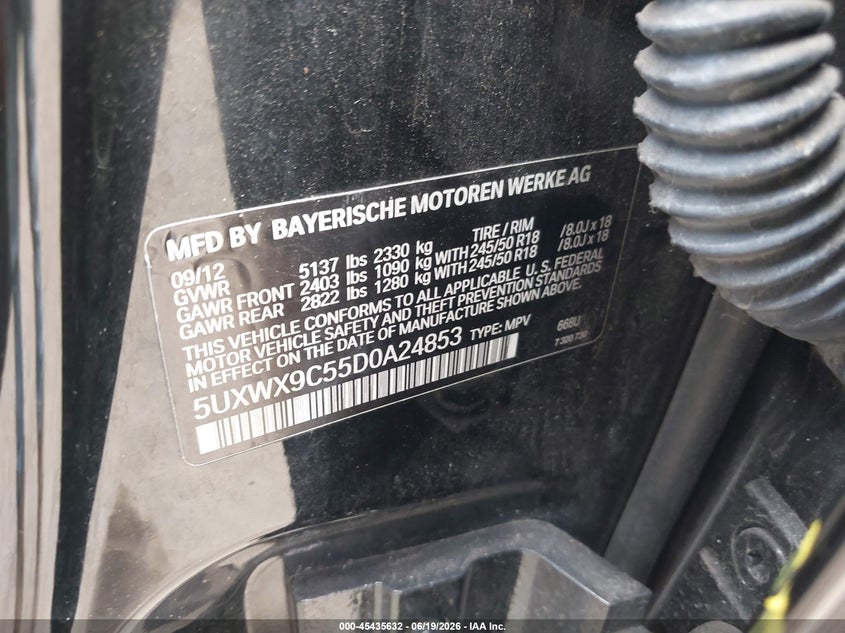 2013 BMW X3 VIN 5UXWX9C55D0A24853 IAAI salvage auction — NORMAL WEAR, Clear (Virginia), sold $1,225 on 2026-07-22 (photo 9)