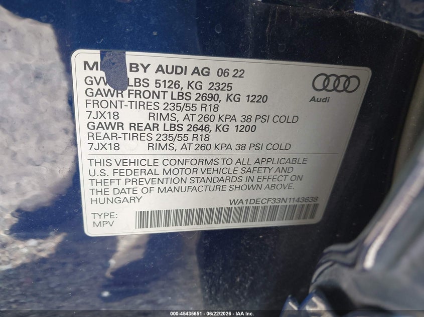 2022 Audi Q3 VIN WA1DECF33N1143638 IAAI salvage auction — SIDE, Salvage Title, sold $7,400 on 2026-08-27 (photo 9)