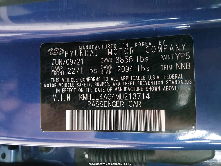 2021 Hyundai Elantra VIN KMHLL4AG4MU213714 IAAI salvage auction — FRONT END, Salvage Title, sold $2,150 on 2026-07-24 (photo 9)