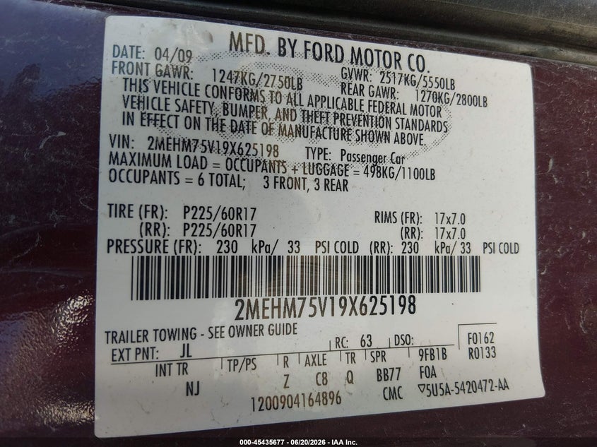 2009 Mercury Grand marquis VIN 2MEHM75V19X625198 IAAI salvage auction — FRONT END, Salvage (Missouri), sold $975 on 2026-07-22 (photo 9)