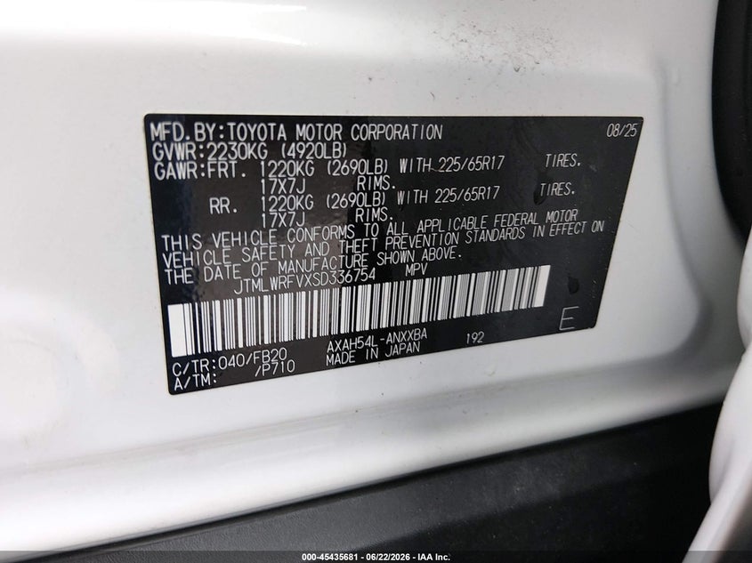 2025 Toyota VIN JTMLWRFVXSD336754 IAAI salvage auction — FRONT END, Salvage (Ohio), sold $15,700 on 2026-07-28 (photo 9)