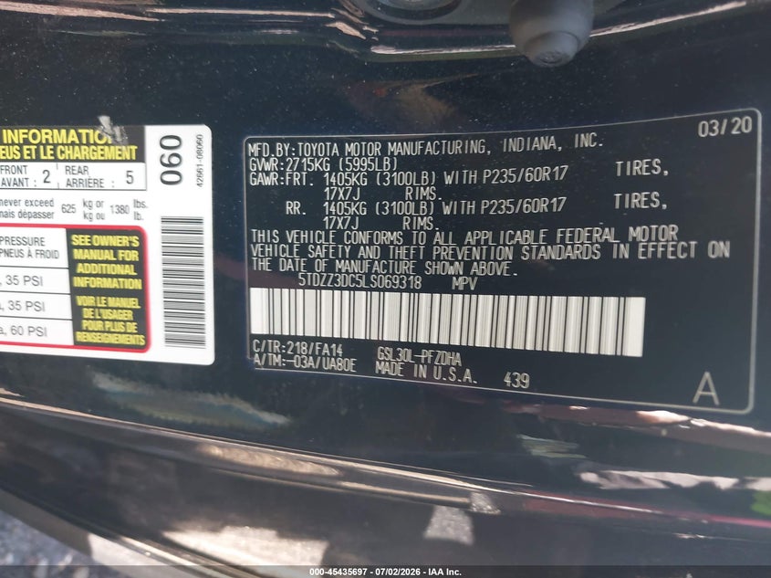 2020 Toyota Sienna VIN 5TDZZ3DC5LS069318 IAAI salvage auction — FRONT END, Mv-907A (New York), sold $6,450 on 2026-07-21 (photo 9)