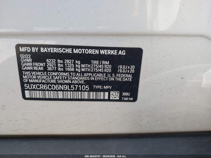 2022 BMW X5 VIN 5UXCR6C06N9L57105 IAAI salvage auction — Front End, Clear, sold $25,925 on 2026-08-26 (photo 9)