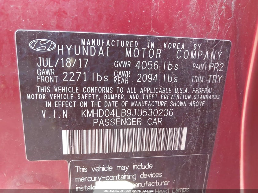 2018 Hyundai Elantra VIN KMHD04LB9JU530236 IAAI salvage auction — NORMAL WEAR, Clear (Indiana), sold $3,425 on 2026-07-15 (photo 9)