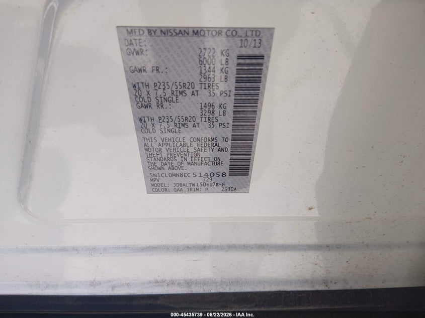 2014 Infiniti Qx60 VIN 5N1CL0MN8EC514058 IAAI salvage auction — NORMAL WEAR, Original (Texas), sold $1,975 on 2026-07-31 (photo 9)